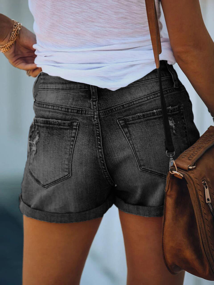 Drune | Damen Denim Shorts Zerrissen Gerollt Stretch Hohe Taille Denim Shorts