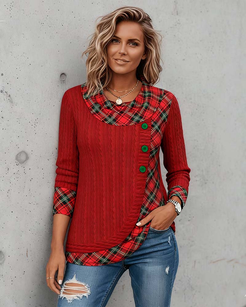 Drune | Langarm Top mit Karo Patchwork