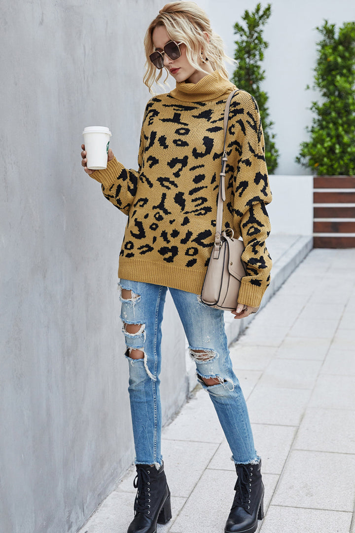 Drune Lockere Leopardenmuster Umlegekragen Pullover