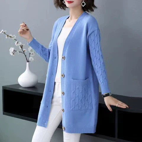 Drune | Cardigan-Pullover Wollstrick Lockere Passform Kabelärmeln Mittellang Knopffront