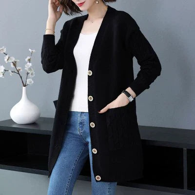 Drune | Cardigan-Pullover Wollstrick Lockere Passform Kabelärmeln Mittellang Knopffront