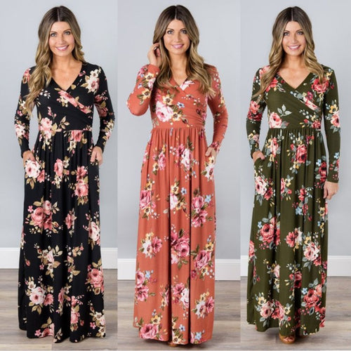 Damen Maxikleid mit floralem Wickeldesign und langen Ärmeln Drune