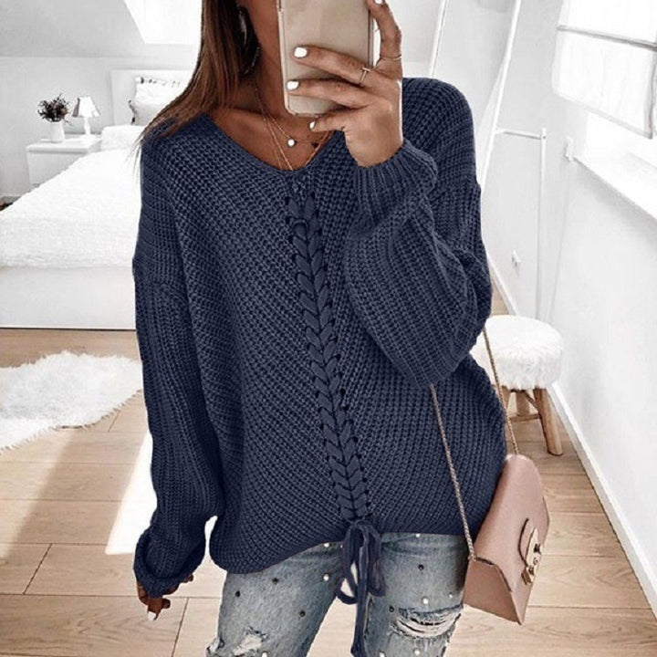 Damen Oversize Strickpullover mit V-Ausschnitt, Zopfstrick und Schnürung Drune
