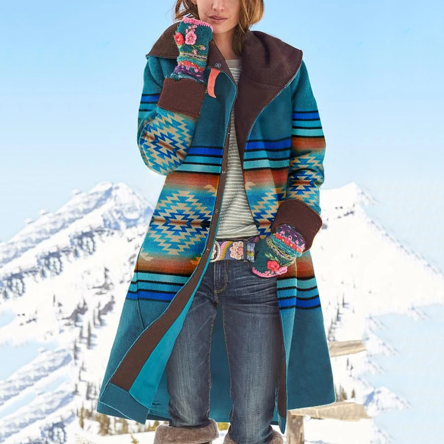 Damen Langer alpiner Mantel mit geometrischem Muster Drune