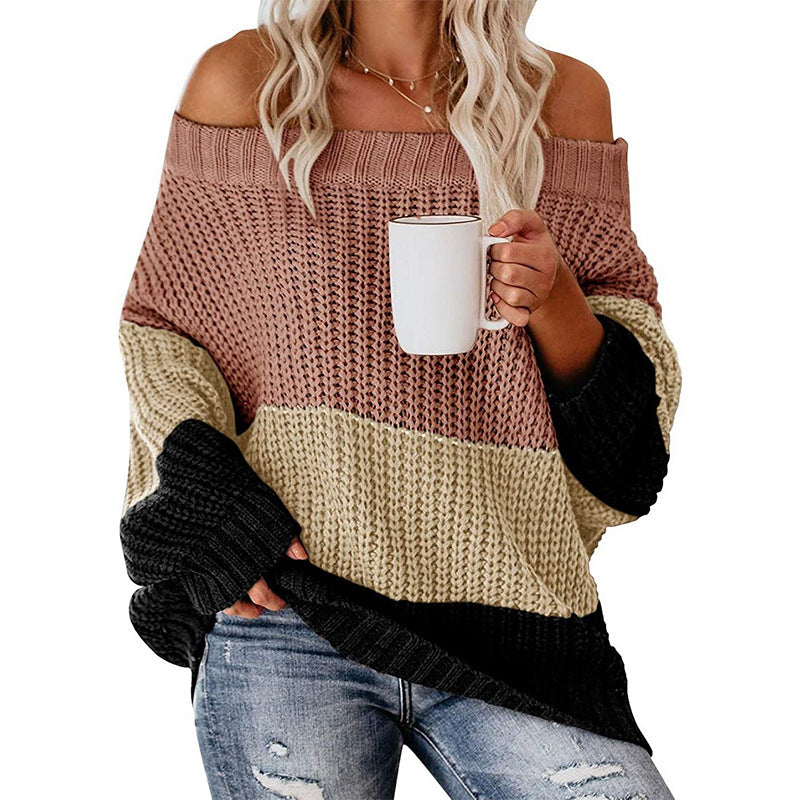 Damen lässiger Grobstrickpullover mit Off-Shoulder Design und dekorativer Farbkombination Drune