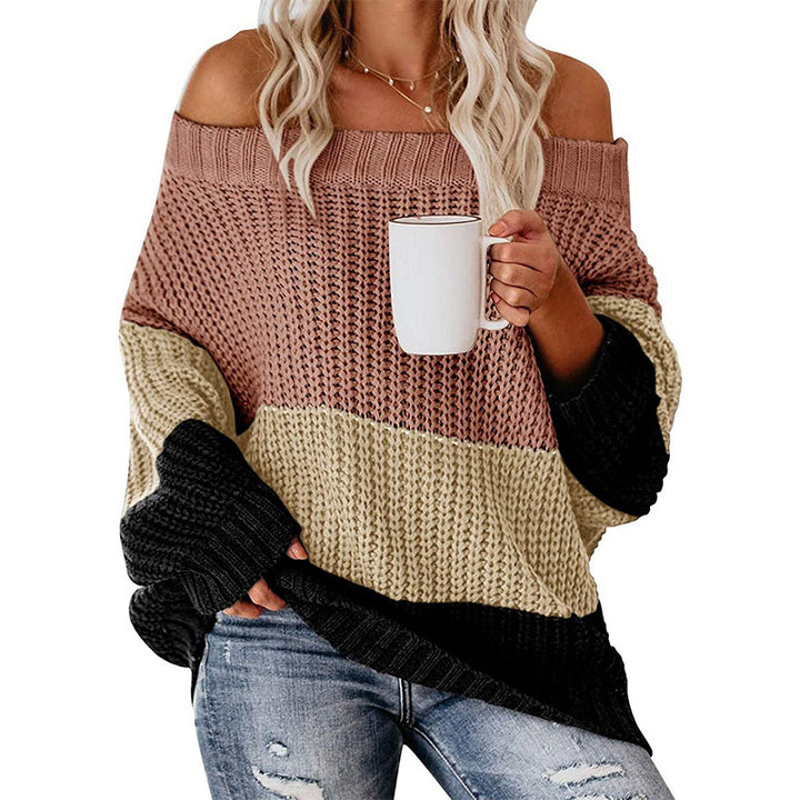 Damen Schulterfreier Oversize Blockstreifen Strickpullover Drune