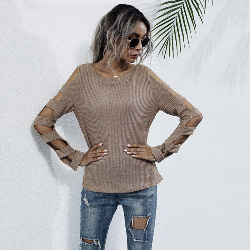 Damen Rippenstrick-Longsleeve mit Cut-Out-Ärmeln und Schulteröffnungen Drune