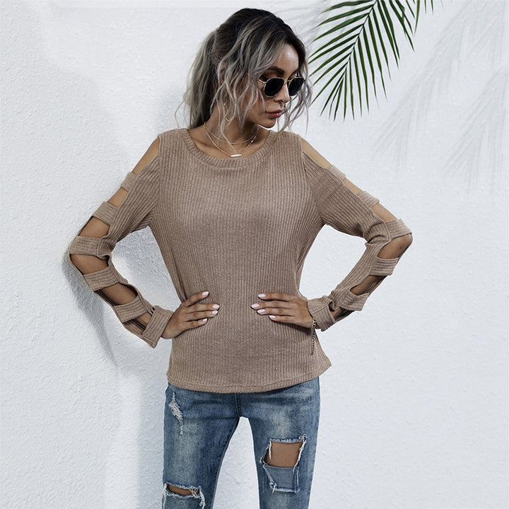 Damen Rippenstrick-Longsleeve mit Cut-Out-Ärmeln und Schulteröffnungen Drune