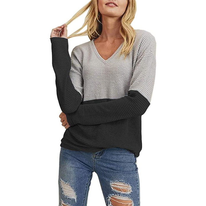 Damen Waffelstrick-Pullover mit V-Ausschnitt und Colorblock-Design Drune