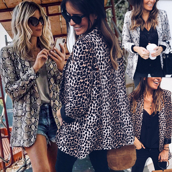 Damen Leichter Longblazer mit Schlangenprint, offener Front und aufgesetzten Taschen Drune