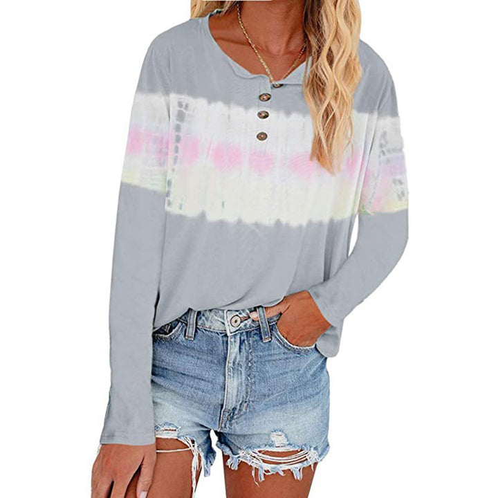 Damen Lässiges Longsleeve Henley-Shirt mit horizontalem Batikpanel Drune