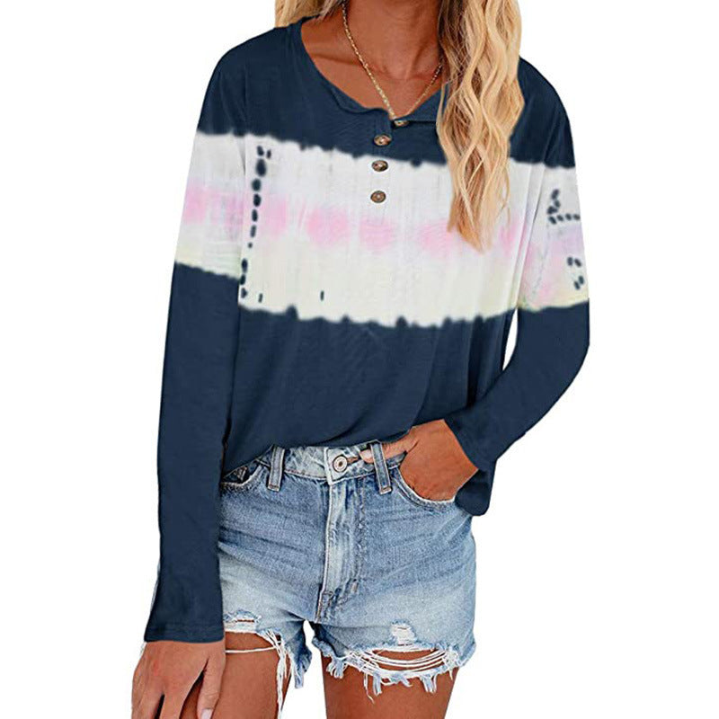 Damen Lässiges Longsleeve Henley-Shirt mit horizontalem Batikpanel Drune