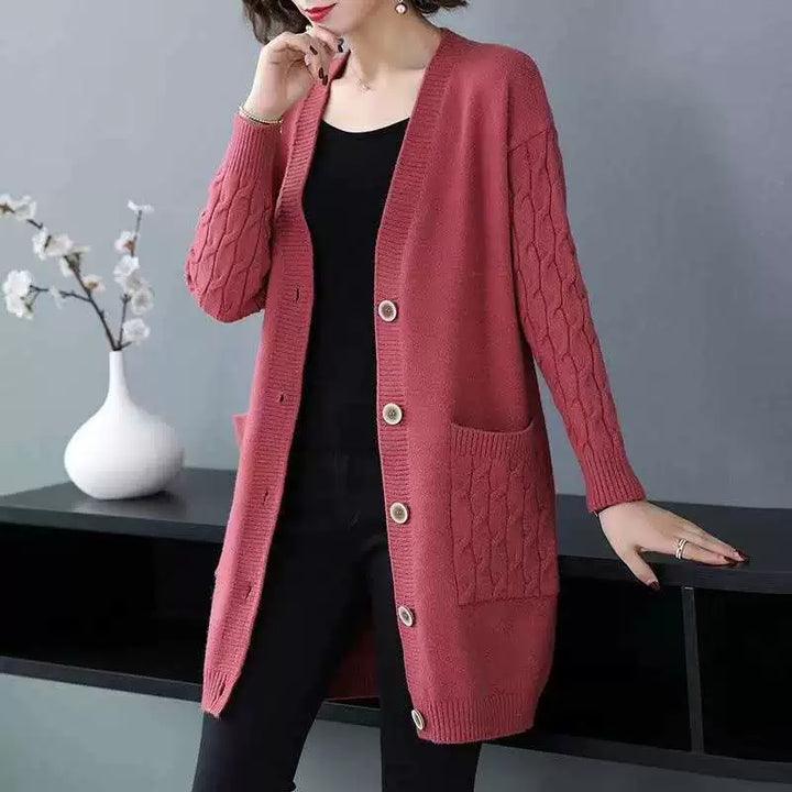 Drune | Cardigan-Pullover Wollstrick Lockere Passform Kabelärmeln Mittellang Knopffront