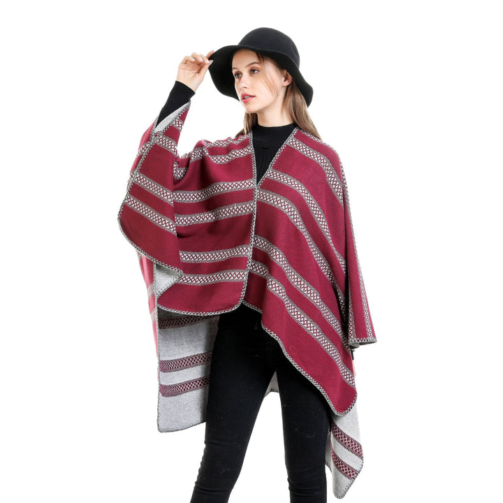 Damen Oversize-Ruana mit grafischen Längs‑Jacquardstreifen und offenem Kimono‑Fall Drune