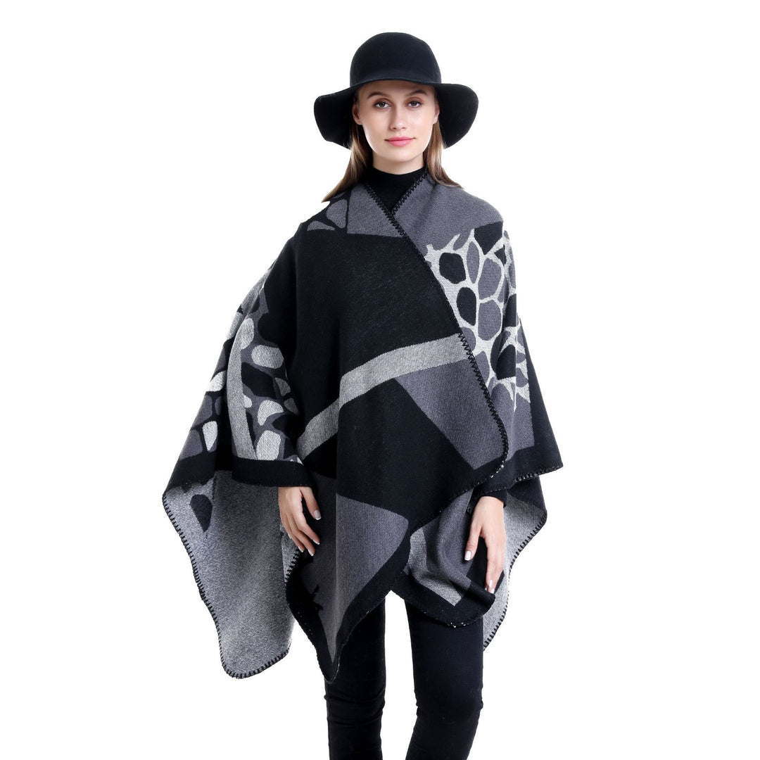 Damen Ruana-Überwurf mit geometrisch-animalischem Jacquard und Ziernaht Drune