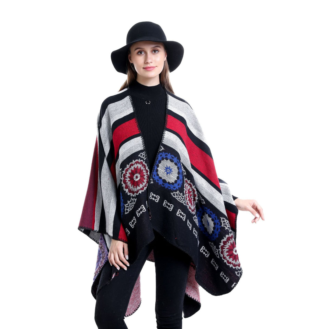 Damen Oversize-Ruana-Poncho mit V-Ausschnitt und ornamentaler Jacquard-Webung Drune