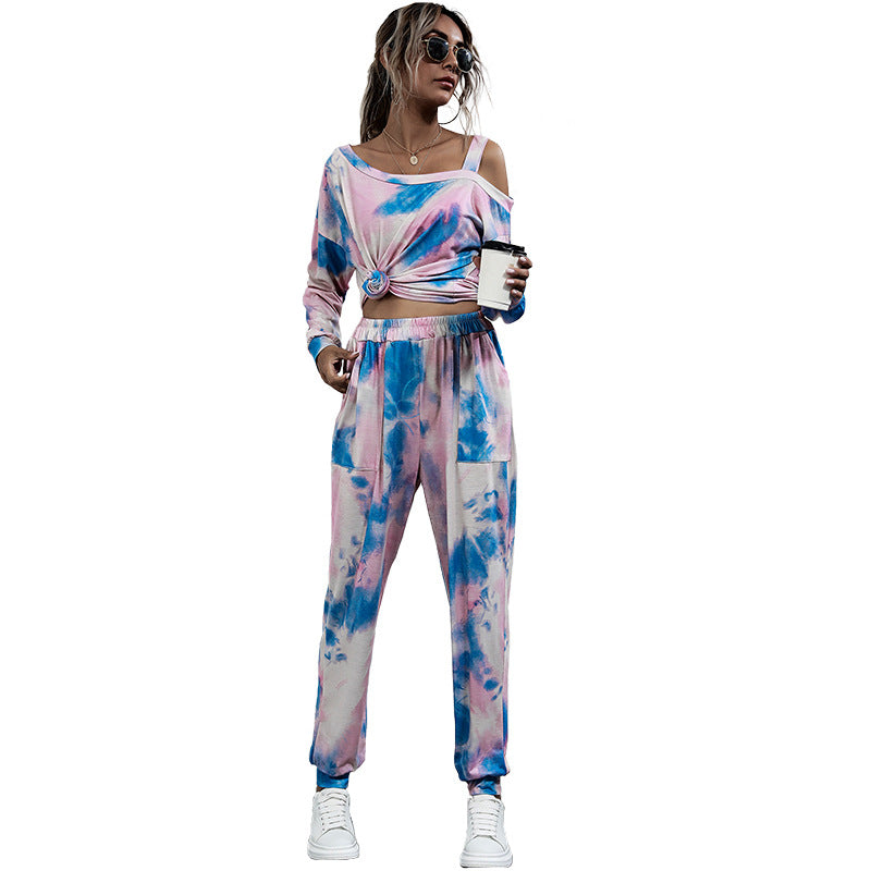 Damen Lässiges Batik-Lounge-Set mit Off-Shoulder Cropshirt & Jogginghose Drune