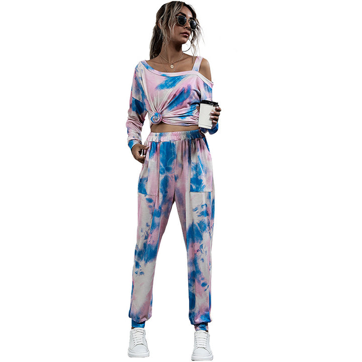 Damen Lässiges Batik-Lounge-Set mit Off-Shoulder Cropshirt & Jogginghose Drune