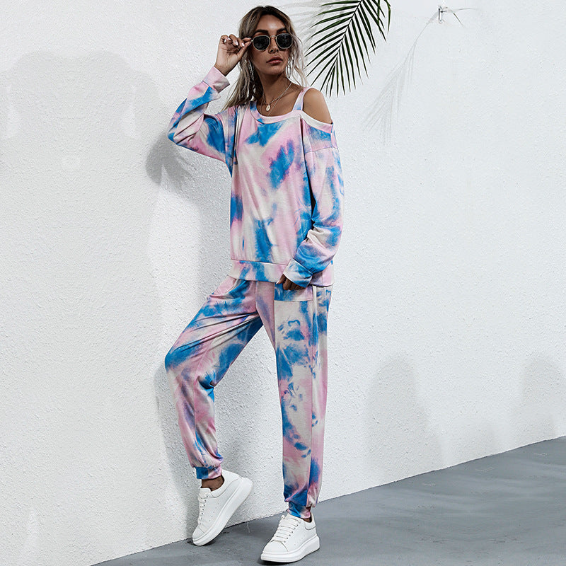 Damen Lässiges Batik-Lounge-Set mit Off-Shoulder Cropshirt & Jogginghose Drune