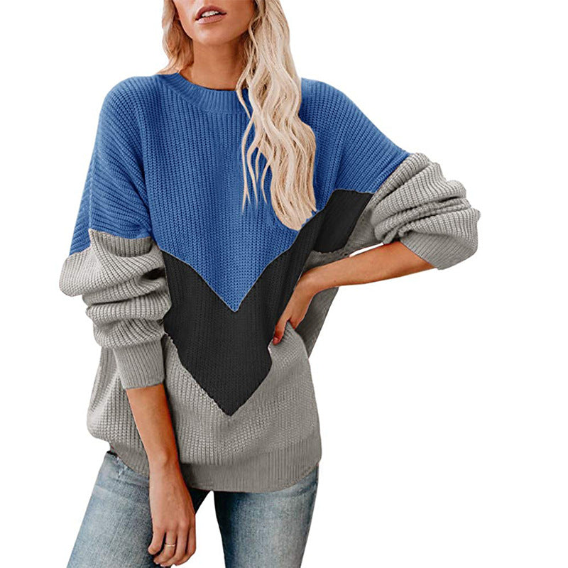 Damen Oversize-Colorblock-Pullover mit V‑Intarsie, Rippbündchen und Strukturstrick Drune