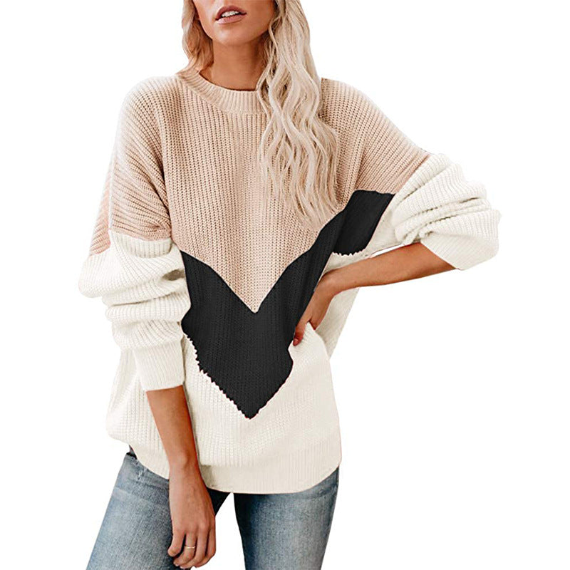 Damen Oversize-Colorblock-Pullover mit V‑Intarsie, Rippbündchen und Strukturstrick Drune