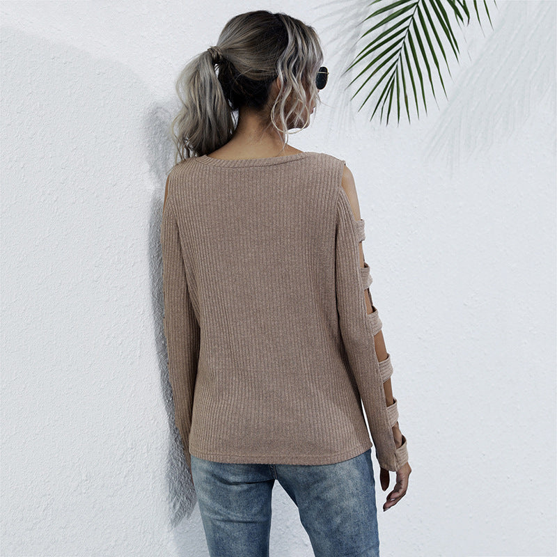 Damen Rippenstrick-Longsleeve mit Cut-Out-Ärmeln und Schulteröffnungen Drune