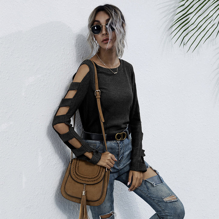 Damen Rippenstrick-Longsleeve mit Cut-Out-Ärmeln und Schulteröffnungen Drune