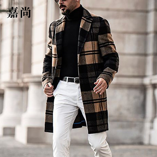 Herren Langer karierter Wollmix-Mantel mit Reverskragen und schlanker Silhouette Drune