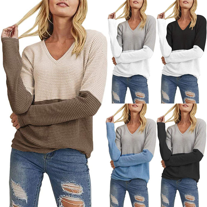 Damen Waffelstrick-Pullover mit V-Ausschnitt und Colorblock-Design Drune