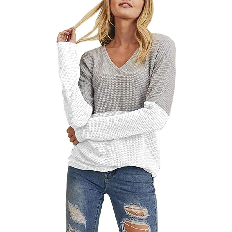Damen Waffelstrick-Pullover mit V-Ausschnitt und Colorblock-Design Drune