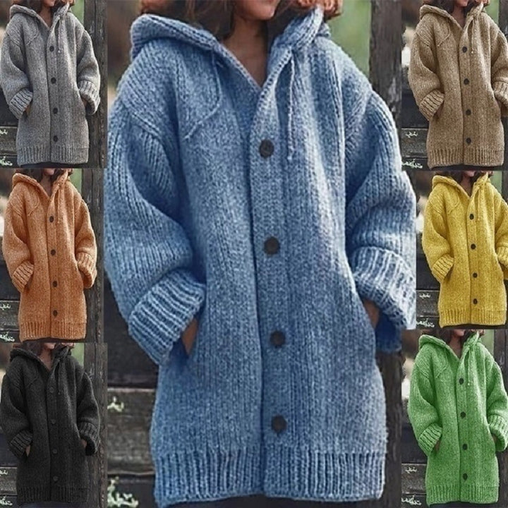 Damen Langgezogener Grobstrick-Mantelcardigan mit Kapuze, überschnittener Schulter und großen Knöpfen Drune