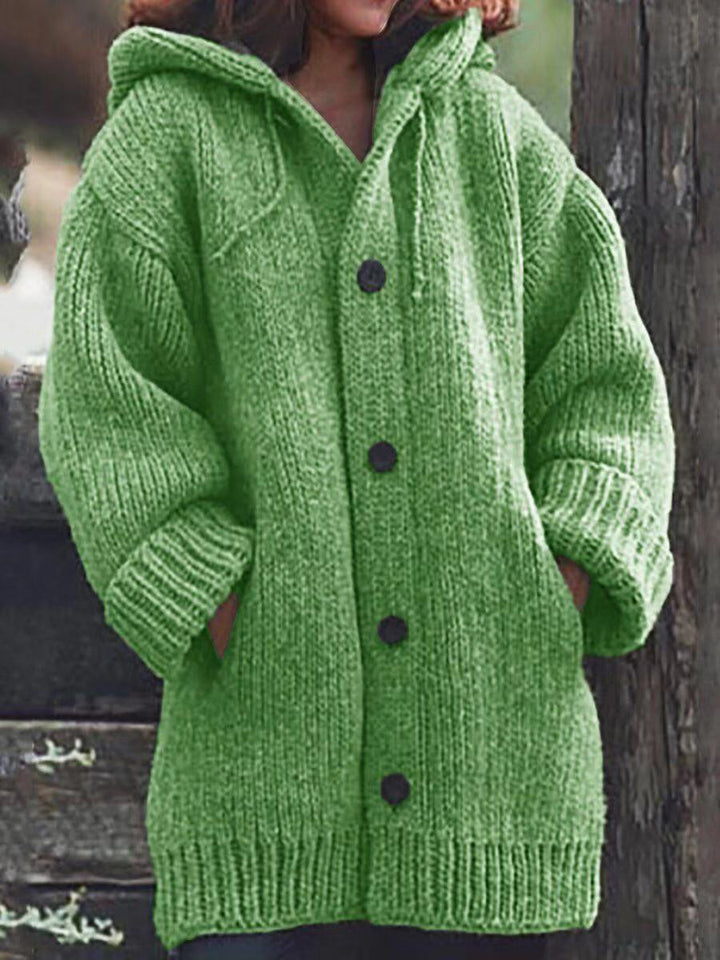 Damen Langgezogener Grobstrick-Mantelcardigan mit Kapuze, überschnittener Schulter und großen Knöpfen Drune