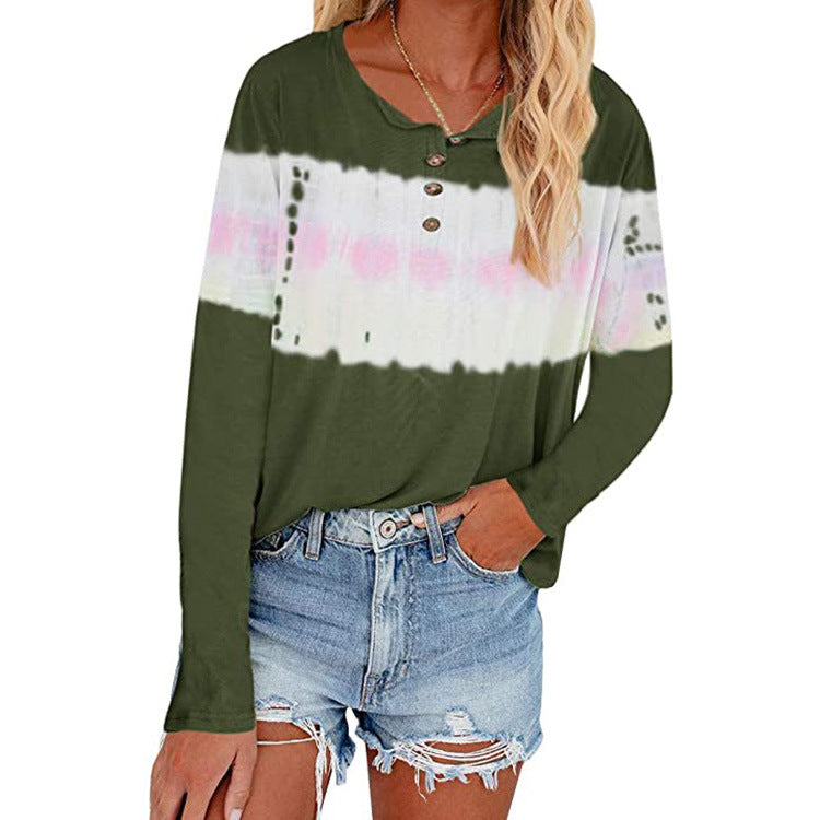 Damen Lässiges Longsleeve Henley-Shirt mit horizontalem Batikpanel Drune