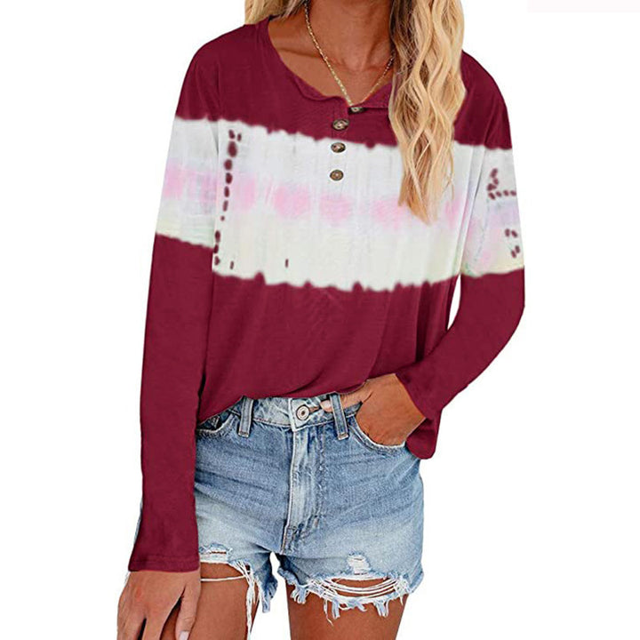 Damen Lässiges Longsleeve Henley-Shirt mit horizontalem Batikpanel Drune