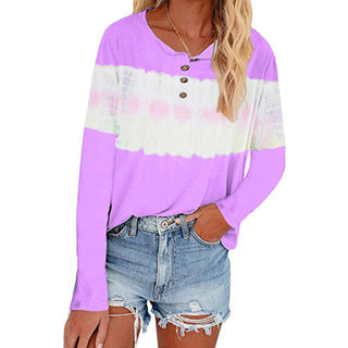 Damen Lässiges Longsleeve Henley-Shirt mit horizontalem Batikpanel Drune