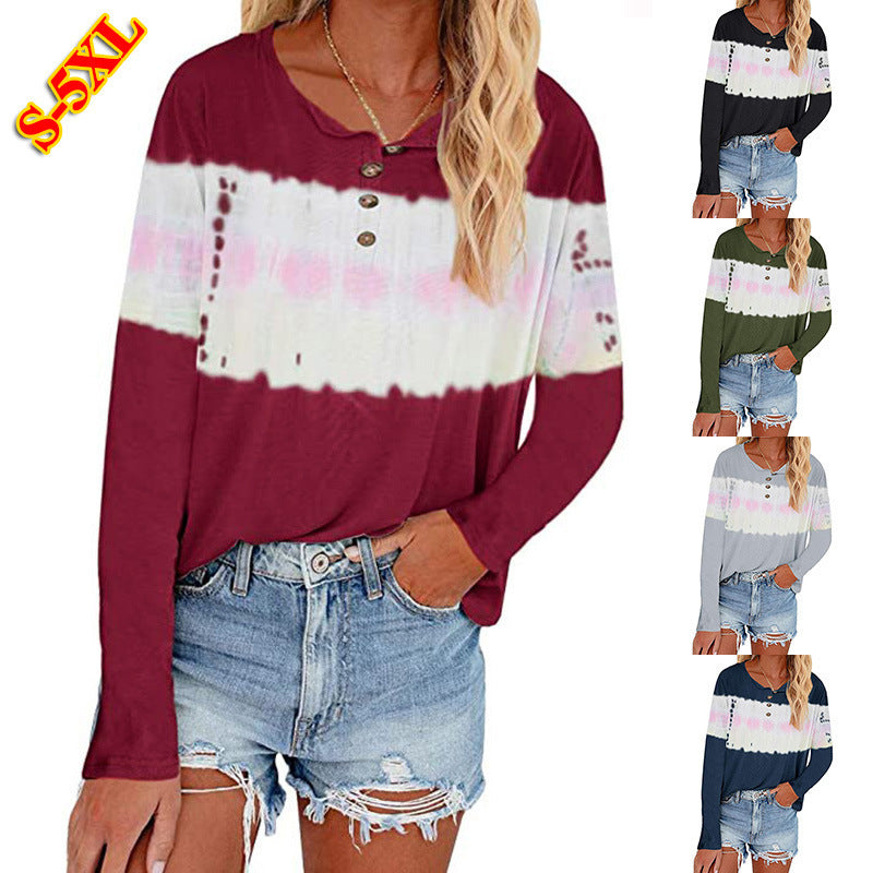 Damen Lässiges Longsleeve Henley-Shirt mit horizontalem Batikpanel Drune
