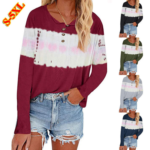 Damen Lässiges Longsleeve Henley-Shirt mit horizontalem Batikpanel Drune