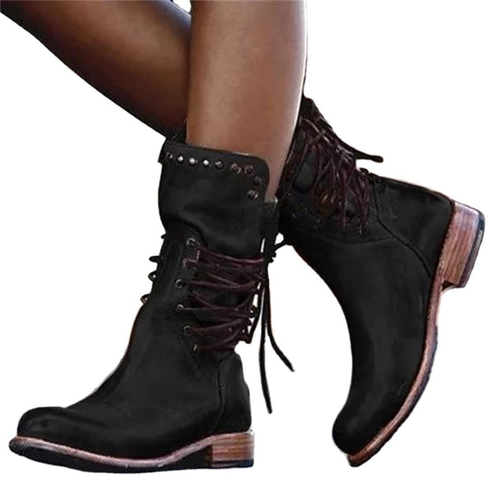 Damen nan robuste Worker-Boots mit dekorativer Wickelschnürung, Metallösen und profilierter Gummilaufsohle Drune