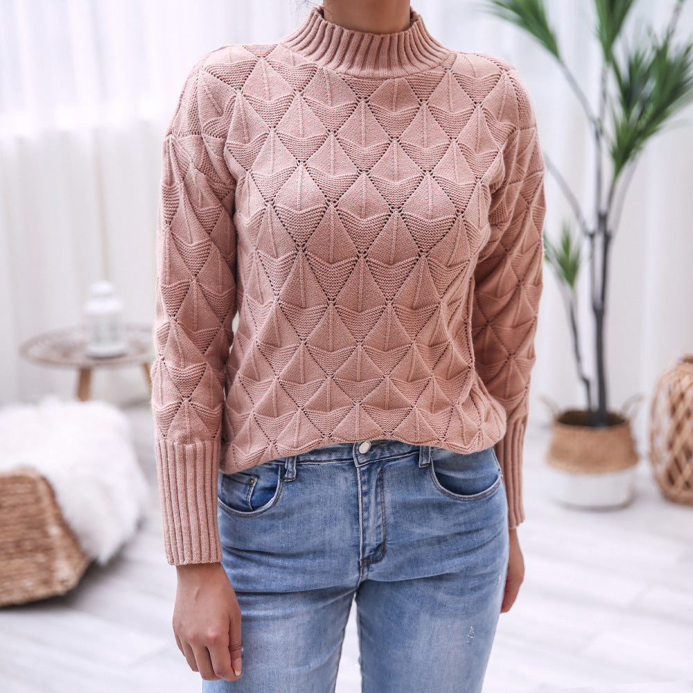 Damen Strickpullover mit modernem Strukturmuster und hohem Kragen Drune