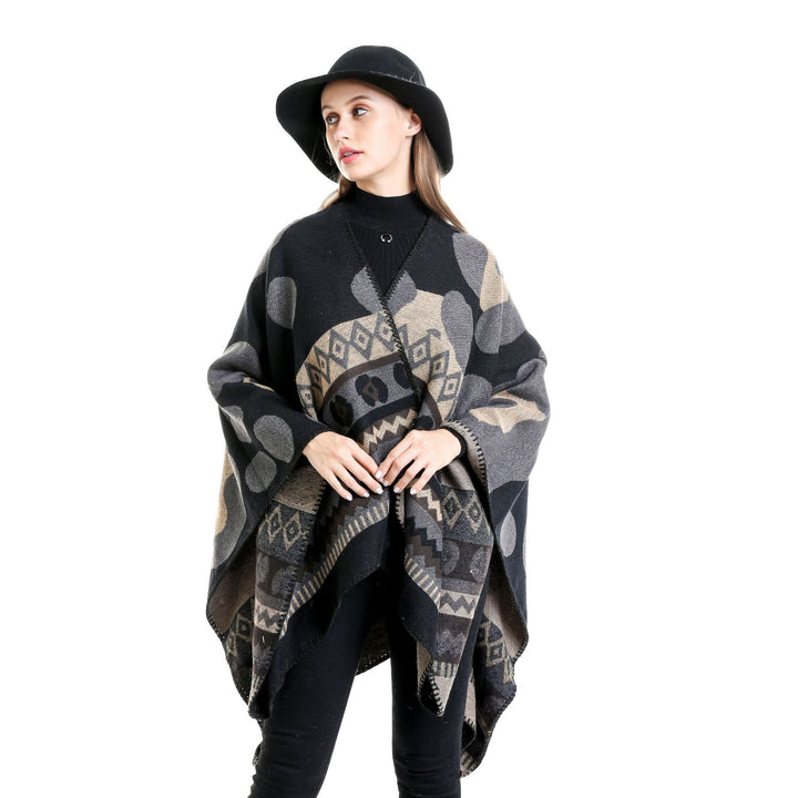Damen Jacquard-Ruana‑Poncho mit Ethno‑Jacquard und offenem Oversize‑Fall Drune