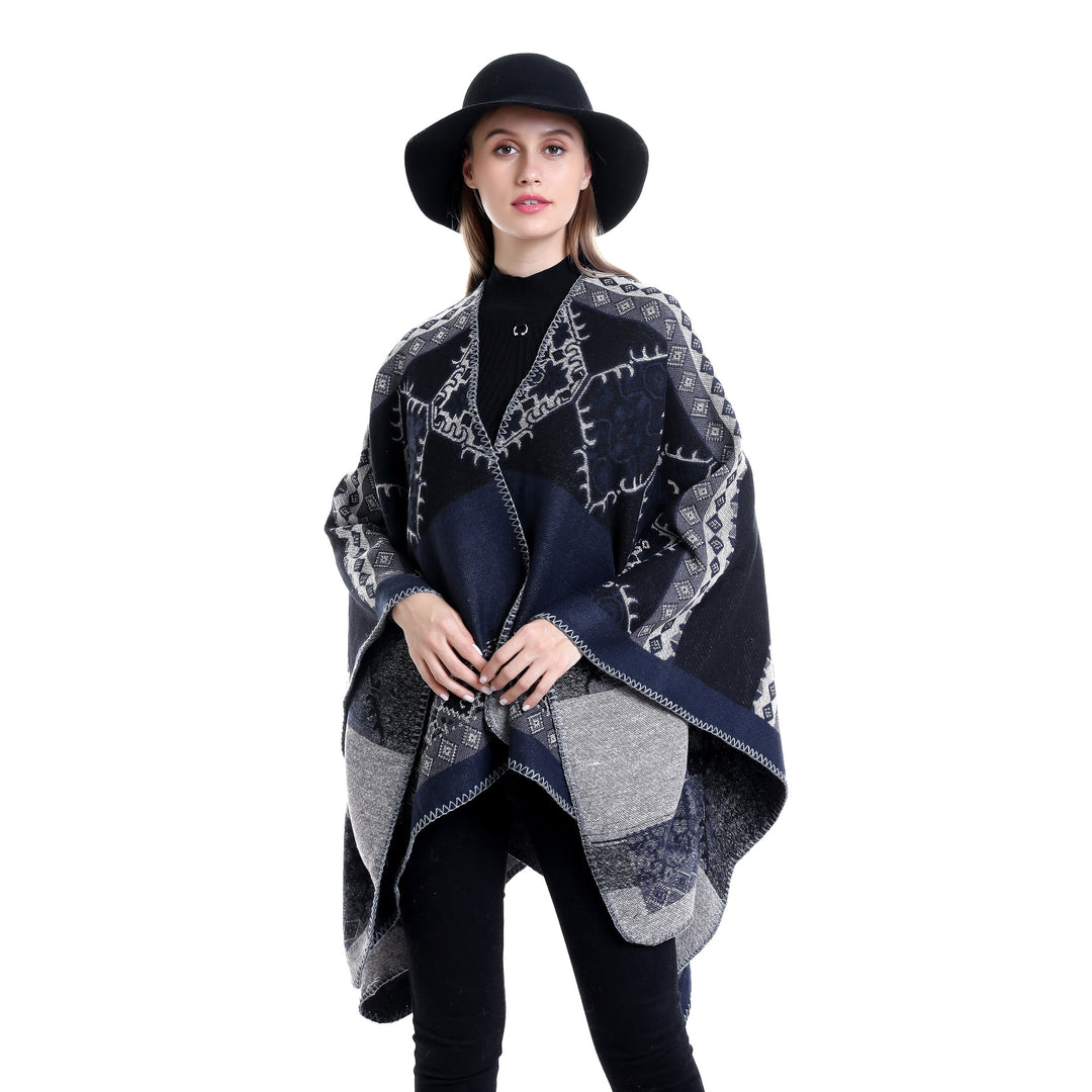 Damen Oversize-Ruana-Poncho aus Jacquardgewebe mit asymmetrischem Zipfelrand und ornamentaler Bordüre Drune