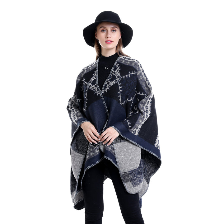 Damen Oversize-Ruana-Poncho aus Jacquardgewebe mit asymmetrischem Zipfelrand und ornamentaler Bordüre Drune