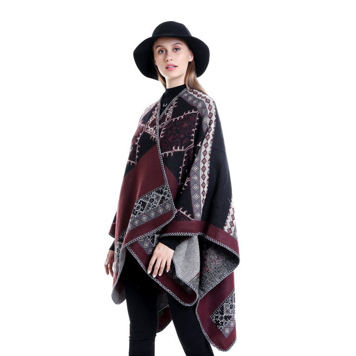 Damen Oversize-Ruana-Poncho aus Jacquardgewebe mit asymmetrischem Zipfelrand und ornamentaler Bordüre Drune