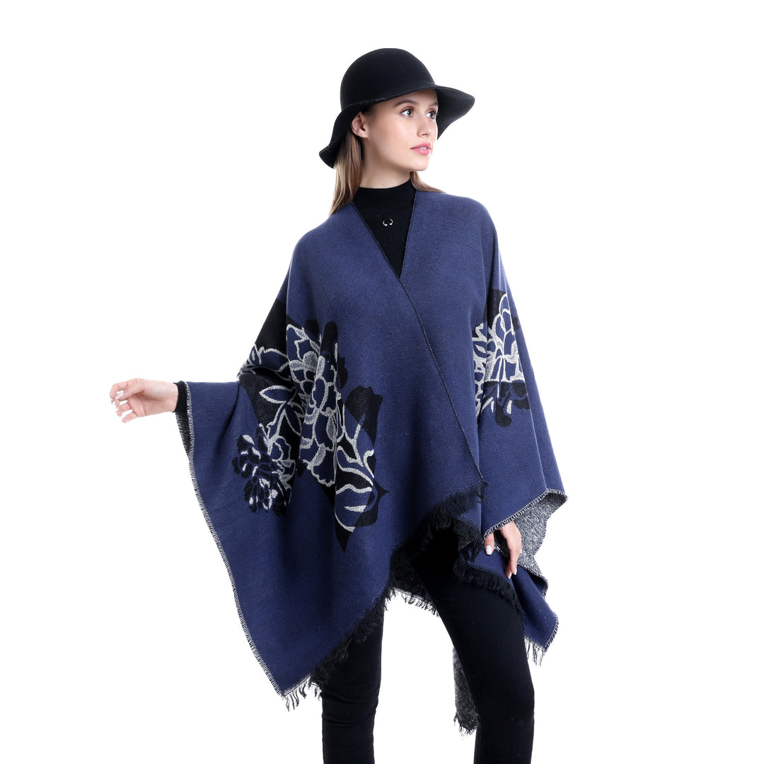 Damen Jacquard‑Ruana mit floralem Motiv, doppellagig und Fransensaum Drune