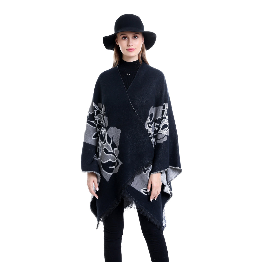 Damen Jacquard‑Ruana mit floralem Motiv, doppellagig und Fransensaum Drune