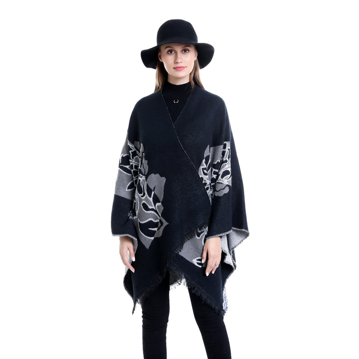 Damen Jacquard‑Ruana mit floralem Motiv, doppellagig und Fransensaum Drune