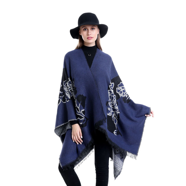 Damen Jacquard‑Ruana mit floralem Motiv, doppellagig und Fransensaum Drune