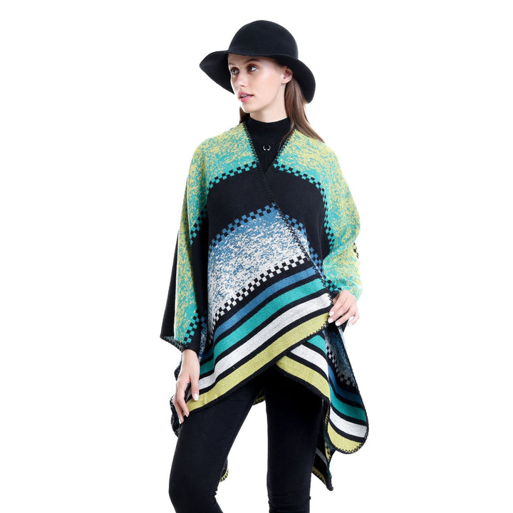 Damen Jacquard-Ruana Poncho im Oversize mit grafischem Streifen- und Ornamentmuster Drune