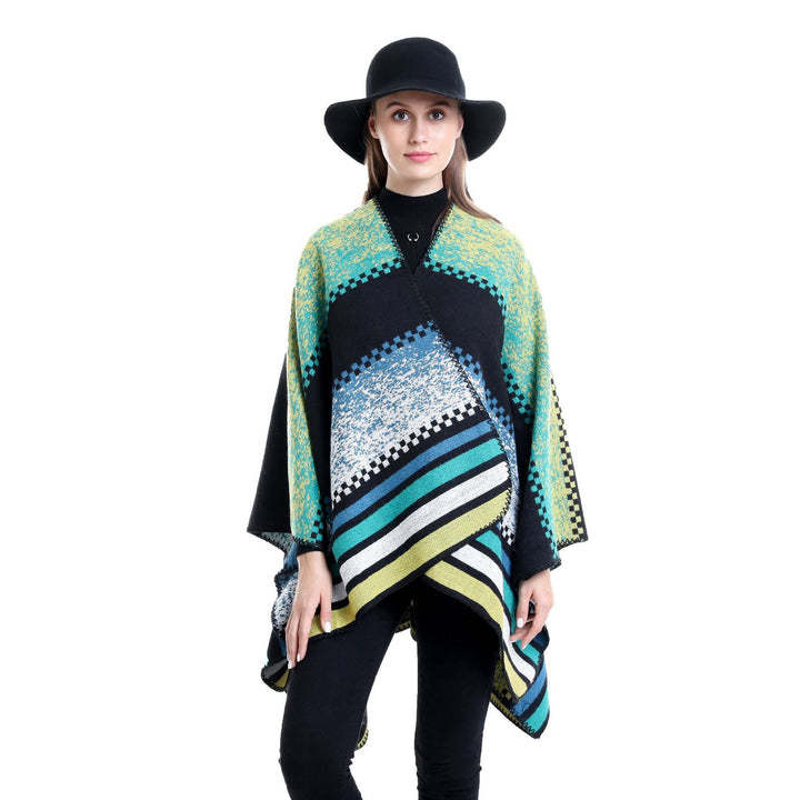 Damen Jacquard-Ruana Poncho im Oversize mit grafischem Streifen- und Ornamentmuster Drune