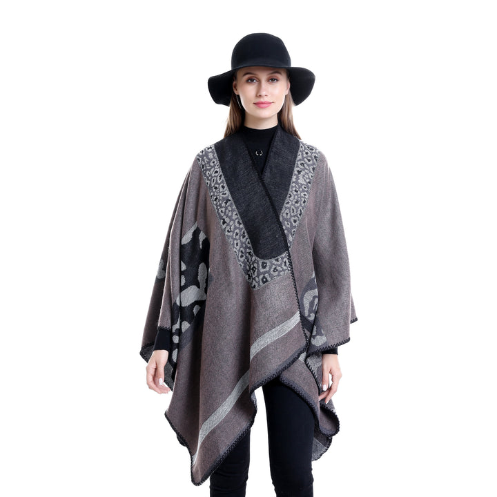 Damen Jacquard-Wollmix Ruana-Poncho mit V-Ausschnitt und Ziernaht Drune
